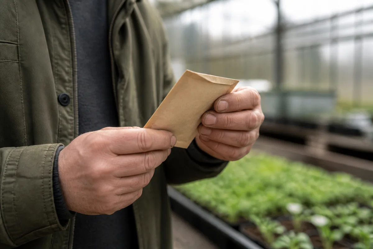 Jardinier examinant le dos d’un sachet de semences dans une serre lumineuse