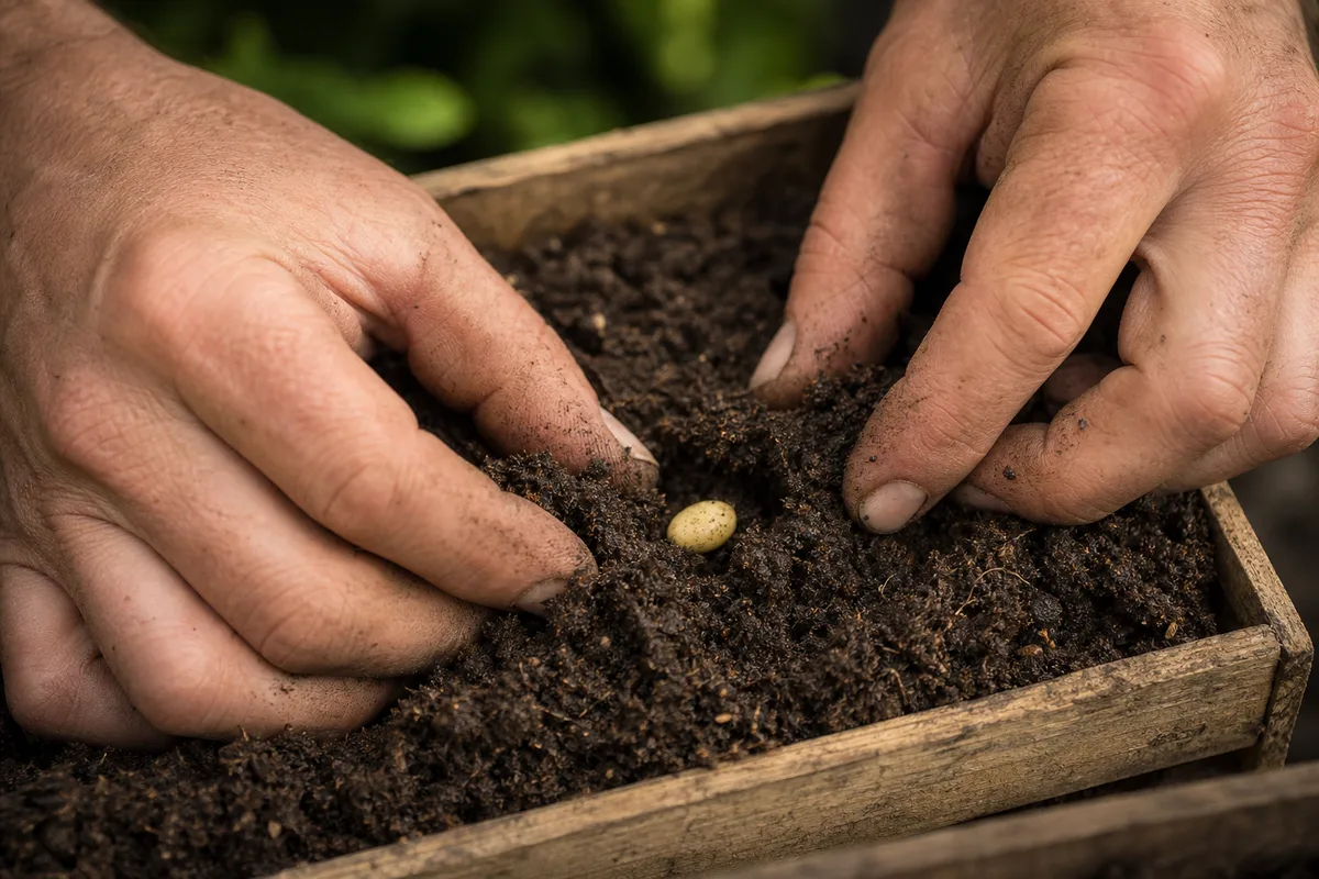 Mains d’un jardinier grattant délicatement la surface d’un terreau pour vérifier une graine non levée, gros plan sur la terre