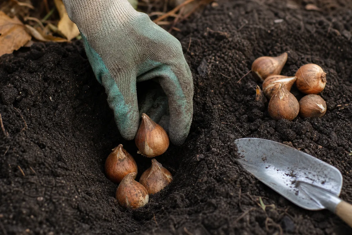 Massif de bulbes de tulipes plantés en automne dans une terre brune fraîchement retournée