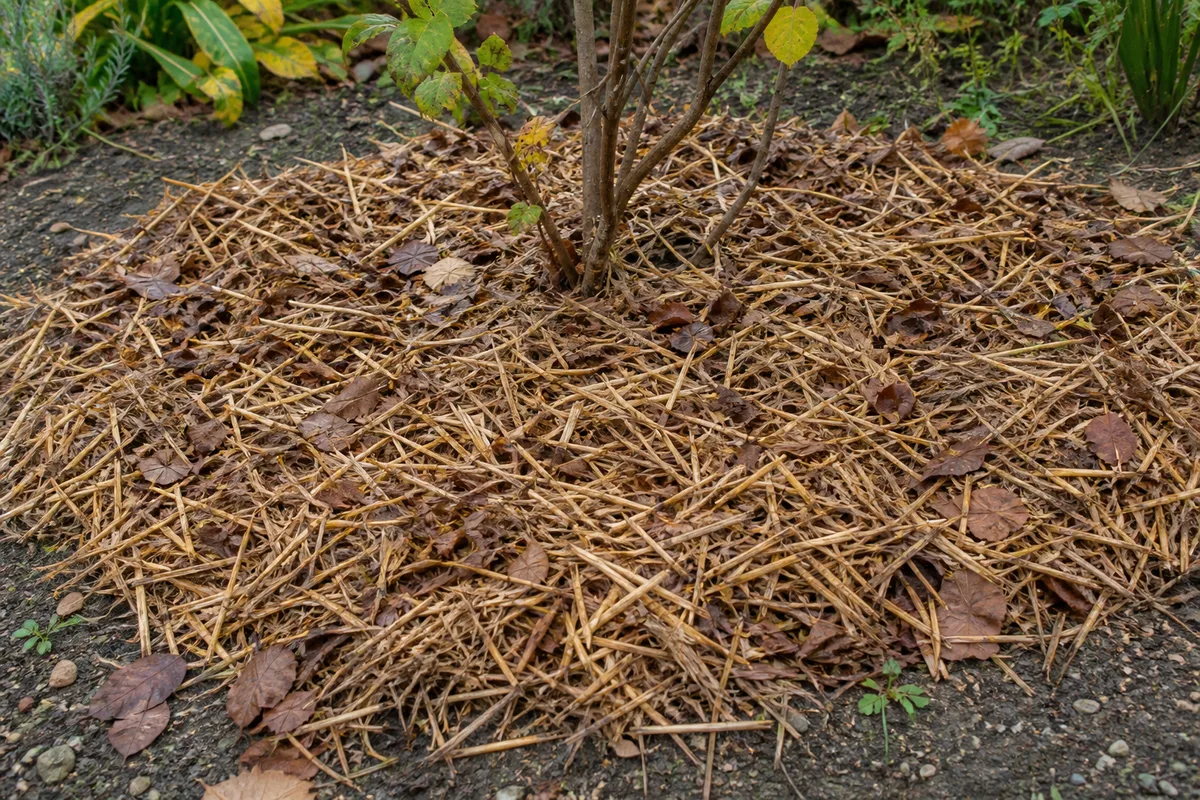 Paillage de feuilles et de paille disposé au pied d&rsquo;un jeune arbuste dans un jardin d&rsquo;automne