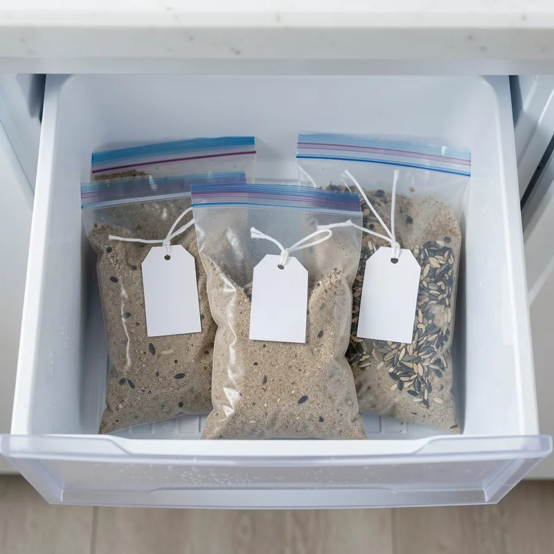 Sacs de congélation étiquetés contenant du sable humide et des graines, rangés dans le bac à légumes d’un réfrigérateur